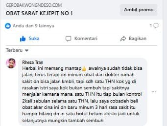 Herbal ini memang mantap. Awalnya sudah tidak bisa jalan, terus terapi dan minum obat dari dokter rumah sakit dan bisa jalan kembali. Tapi sudah satu tahun kok yang dirasakan istri saya bukan sembuh, tapi sakitnya menjalar ke mana-mana. Lalu saya coba beli obat akar cina ini, dan baru minum 3 hari rasa sakit itu hampir hilang — dan ini satu botol belum habis lho.