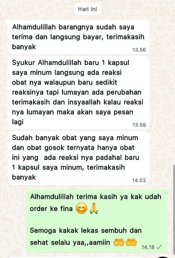 Syukur alhamdulillah, baru 1 kapsul saya minum langsung ada reaksi obatnya. Walaupun baru sedikit reaksinya tapi lumayan ada perubahan. Sudah banyak obat yang saya minum dan obat gosok, ternyata hanya obat ini yang ada reaksinya, padahal baru 1 kapsul saya minum.