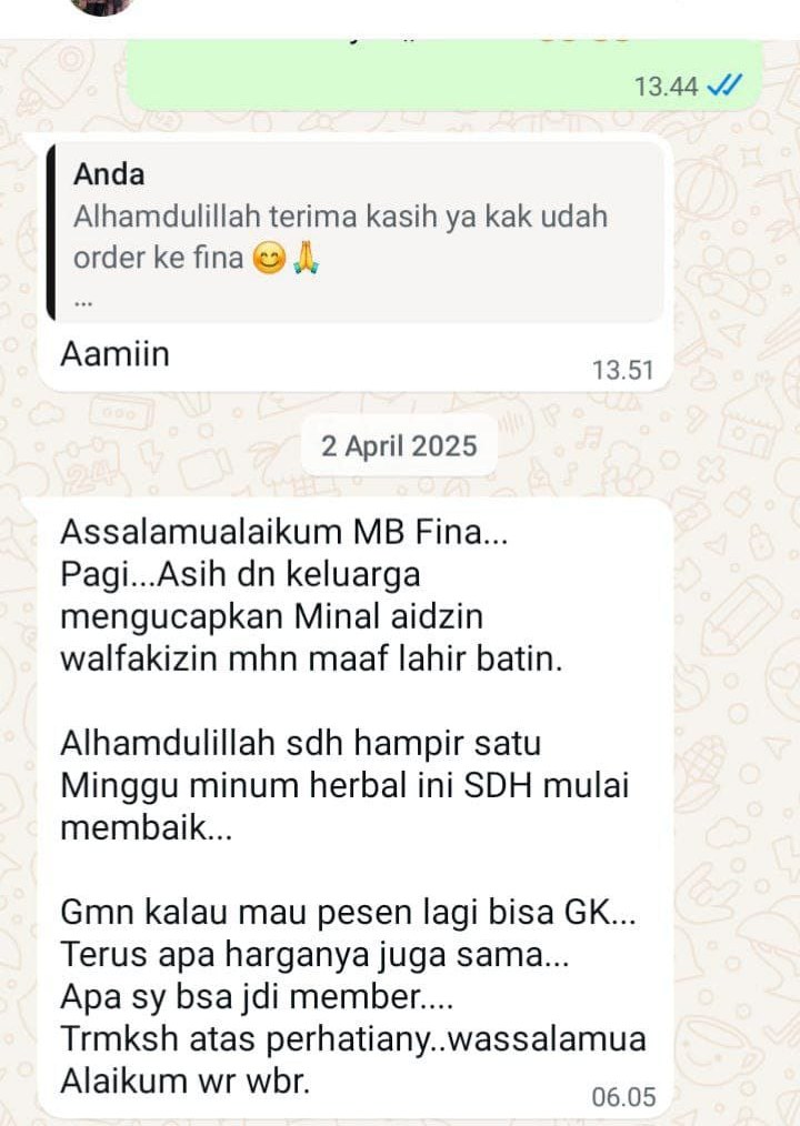 Alhamdulillah sudah hampir satu minggu minum herbal ini, sudah mulai membaik. Gimana kalau mau pesan lagi, bisa nggak? Terus apa harganya juga sama? Apa saya bisa jadi member?