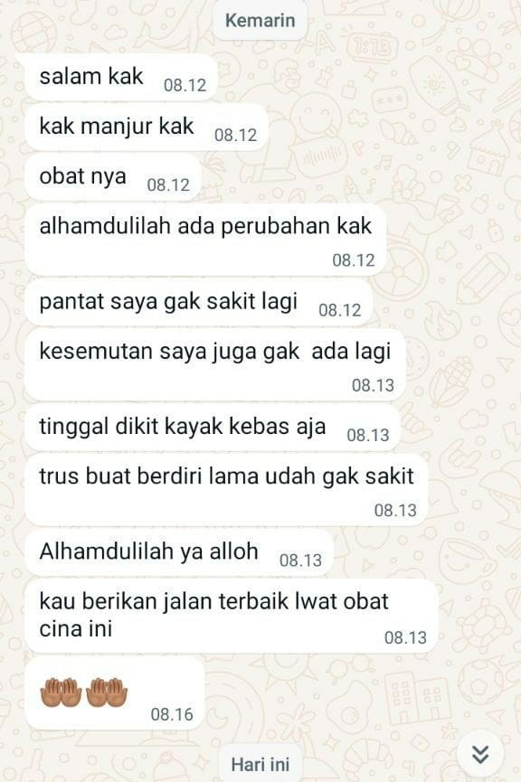 Kak, manjur kak obatnya. Alhamdulillah ada perubahan kak — pantat saya gak sakit lagi, kesemutan saya juga gak ada lagi, tinggal dikit kayak kebas aja. Terus buat berdiri lama udah gak sakit.